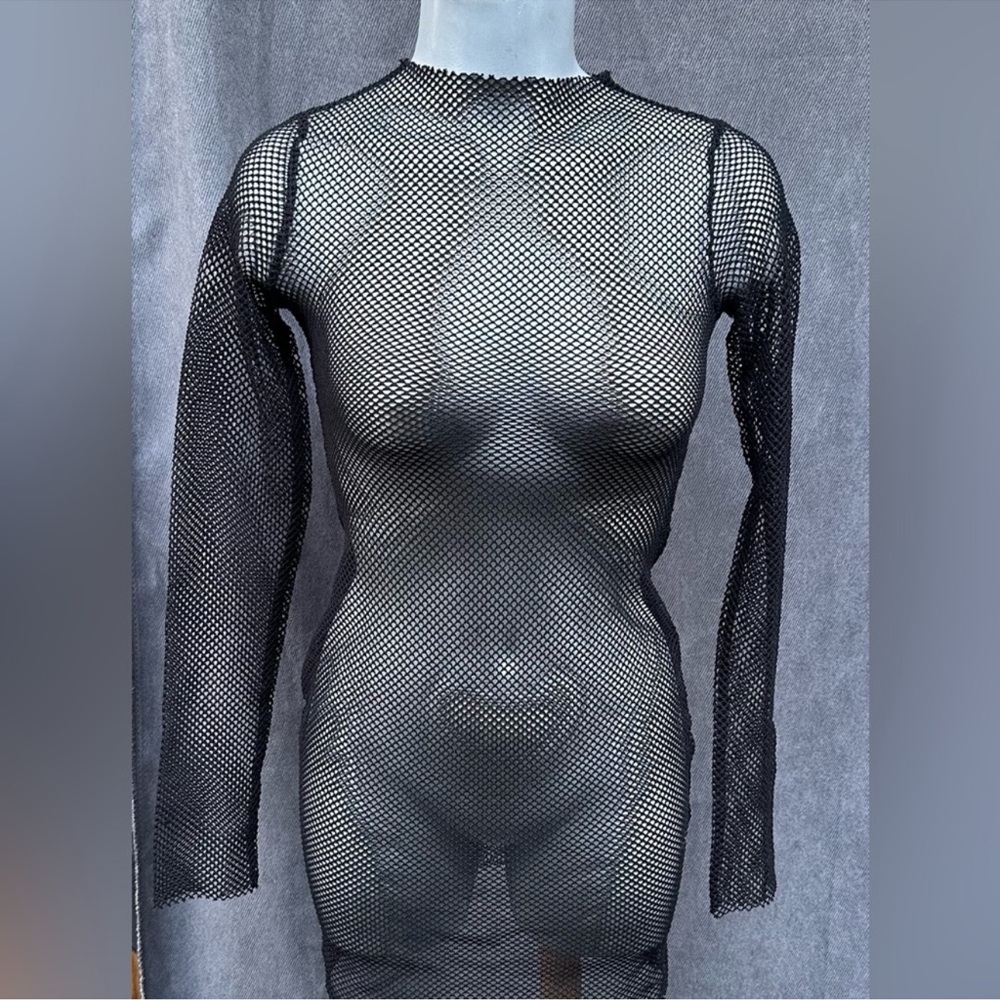 Bear Dance Black Sheer Fishnet Long Sleeve Bodycon Dress